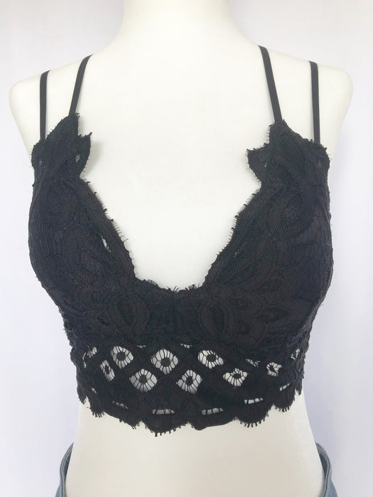 Crochet Lace Criss Cross Back Bralette - Black